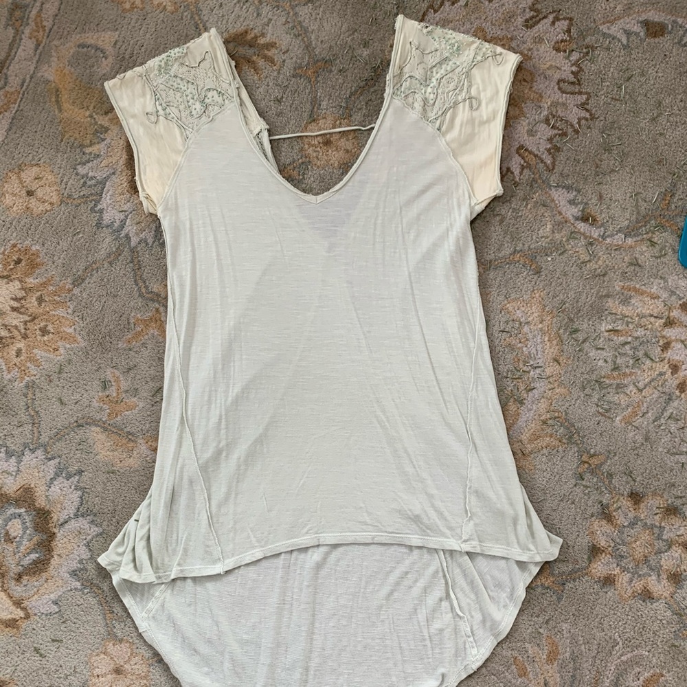 Free People Pale Green Beaded Cap Sleeve Tee